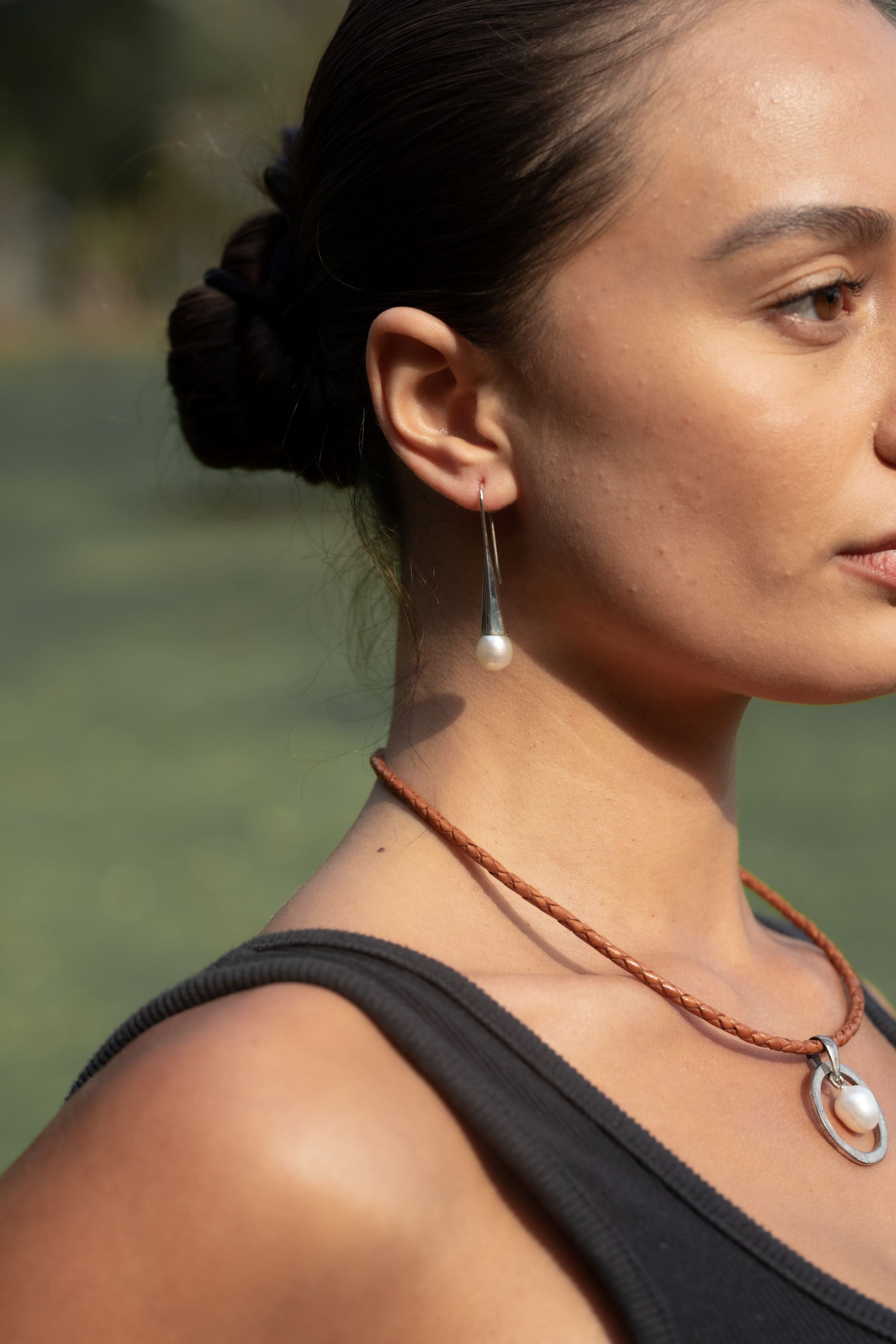 Plaited Necklace with Silver Ring & Pearl